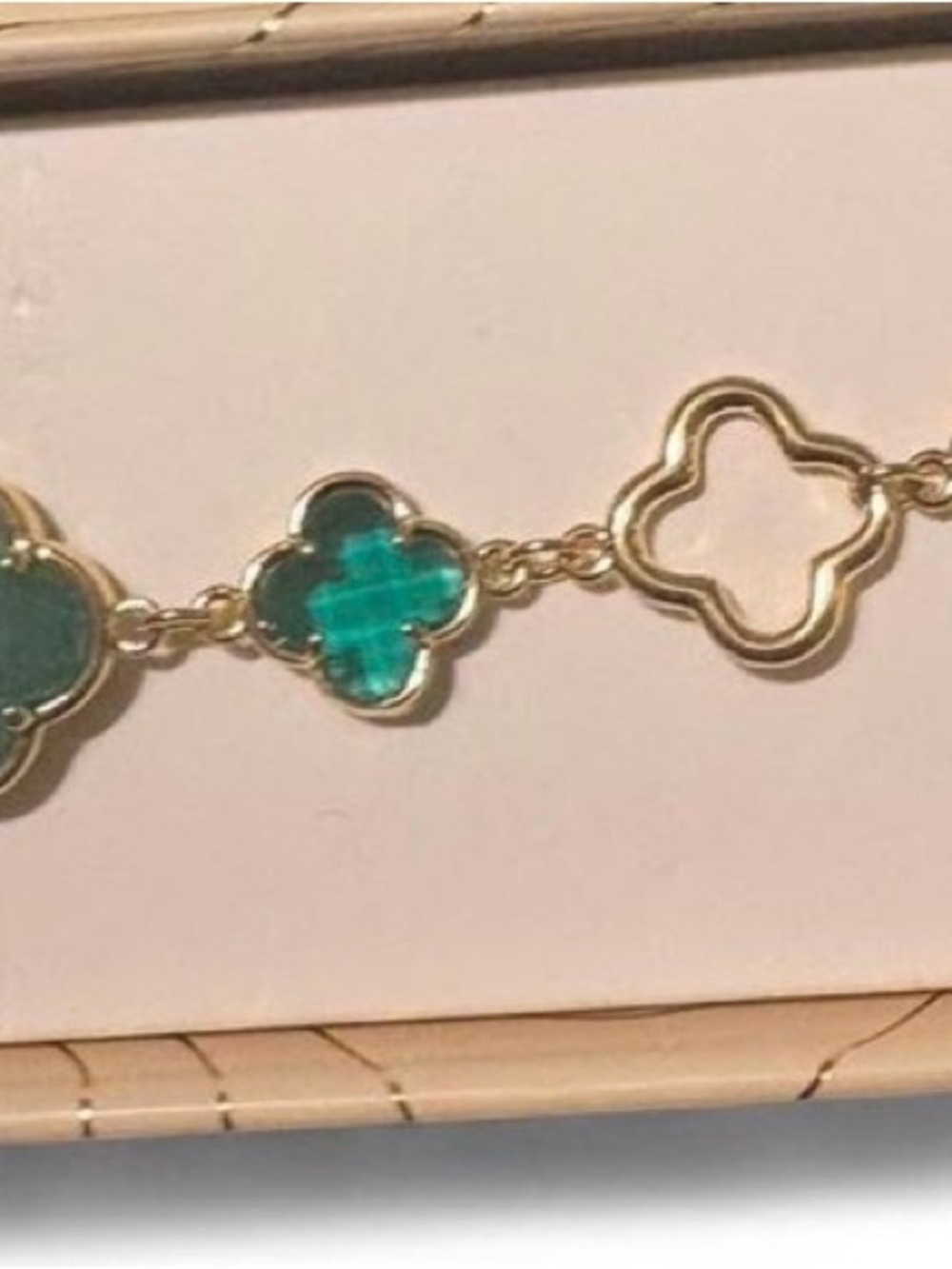 Eye Candy Gold Brass Bracelet with Mint & Emerald Clover Stones - Picture 5 of 9